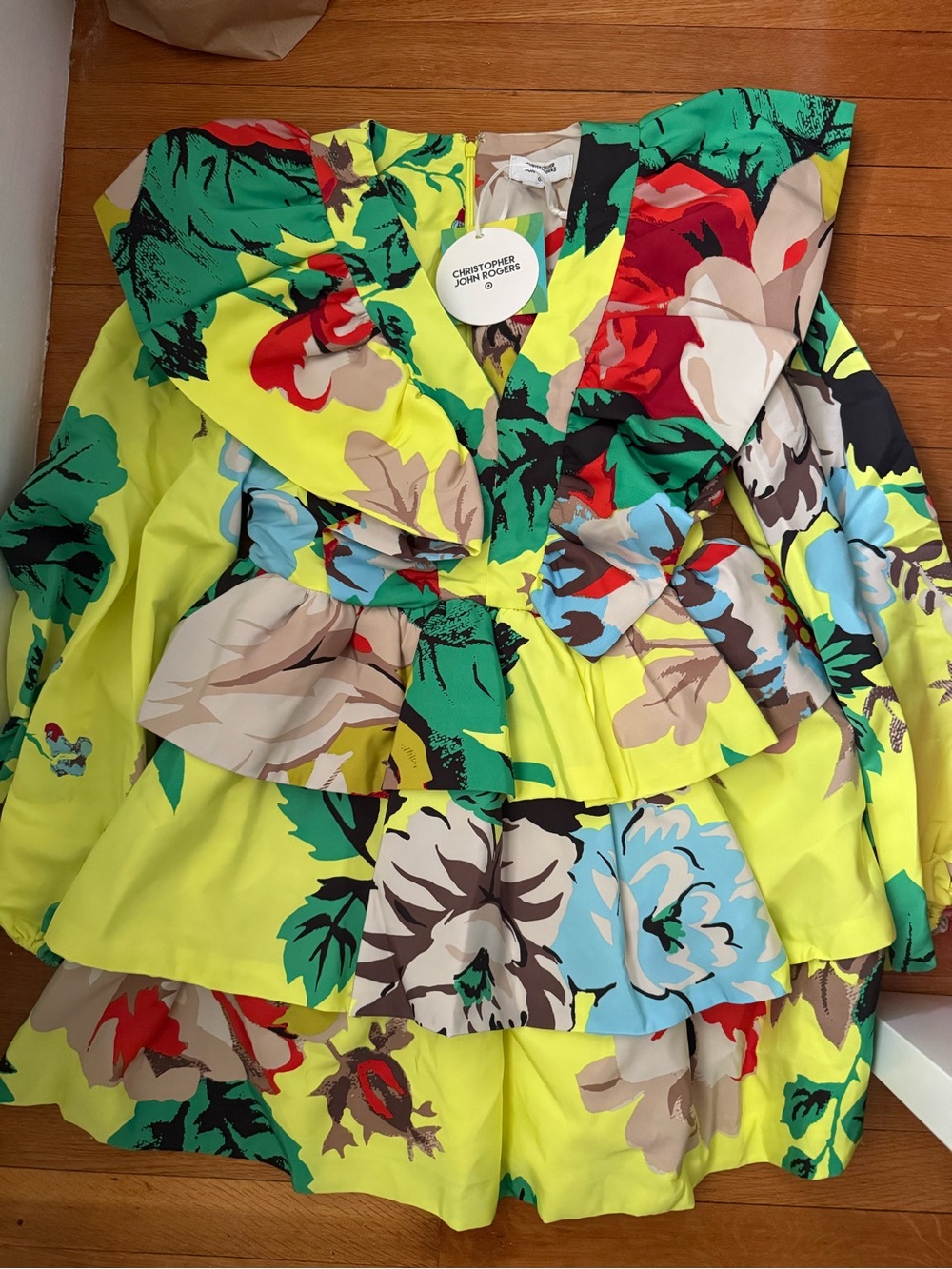 Christopher John Rogers Neon Floral Ruffled Dress